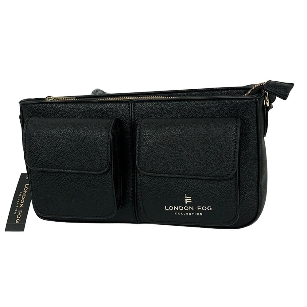 London Fog Collection Evelyn Multi Crossbody Bag Purse Black Gold Accents